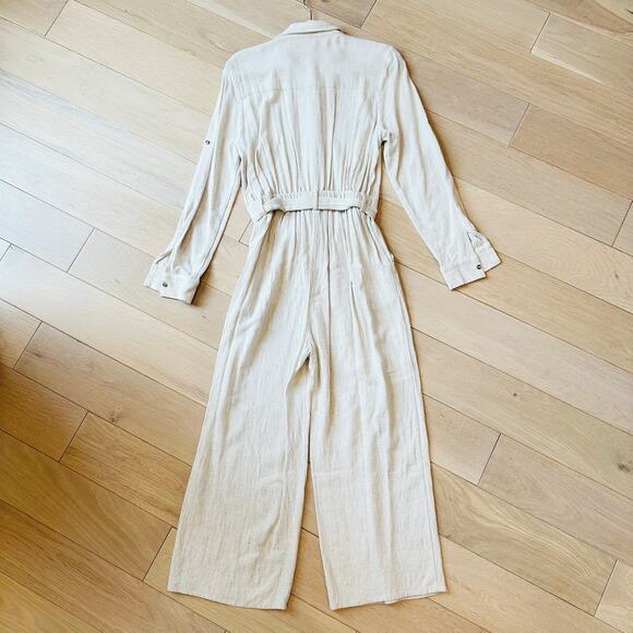 MINKPINK Revolve Linen Boilersuit Sand Wide Leg Utility Romper Jumpsuit Womens M - Picture 4 of 7